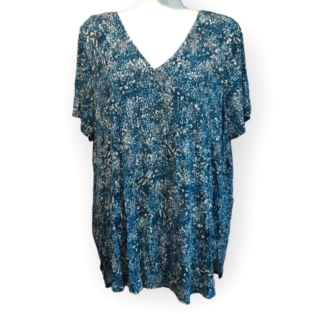 Penningtons teal speckled drapey stretch high low vneck tee size 3X